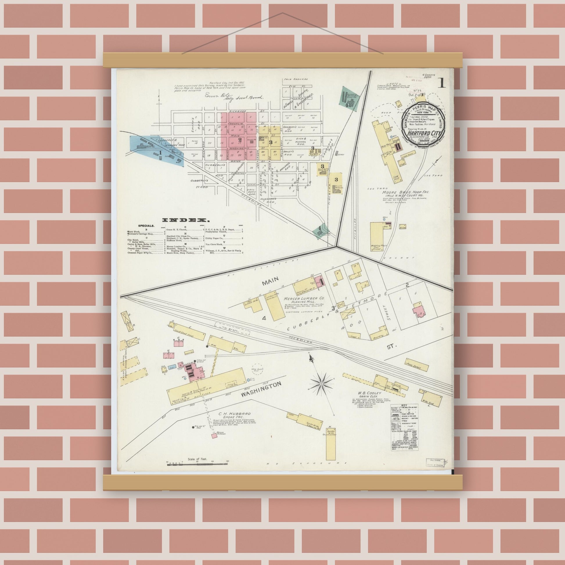 Old map wall art mockup — magnetic wood frame on brick wall — Sanborn Fire Insurance Map from Hartford City, Blackford County, Indiana (1892) - Complete Map Set