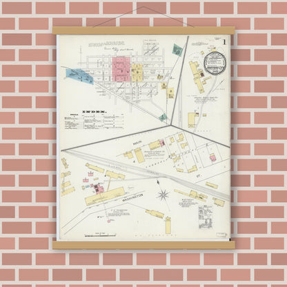 Old map wall art mockup — magnetic wood frame on brick wall — Sanborn Fire Insurance Map from Hartford City, Blackford County, Indiana (1892) - Complete Map Set