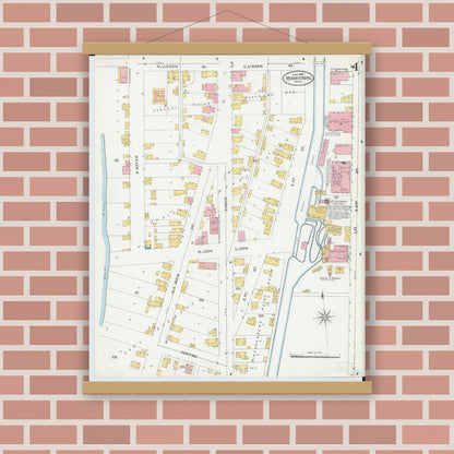 Old map wall art mockup — magnetic wood frame on brick wall — Sanborn Fire Insurance Map from Miamisburg, Montgomery County, Ohio (1905), Sheet #0004