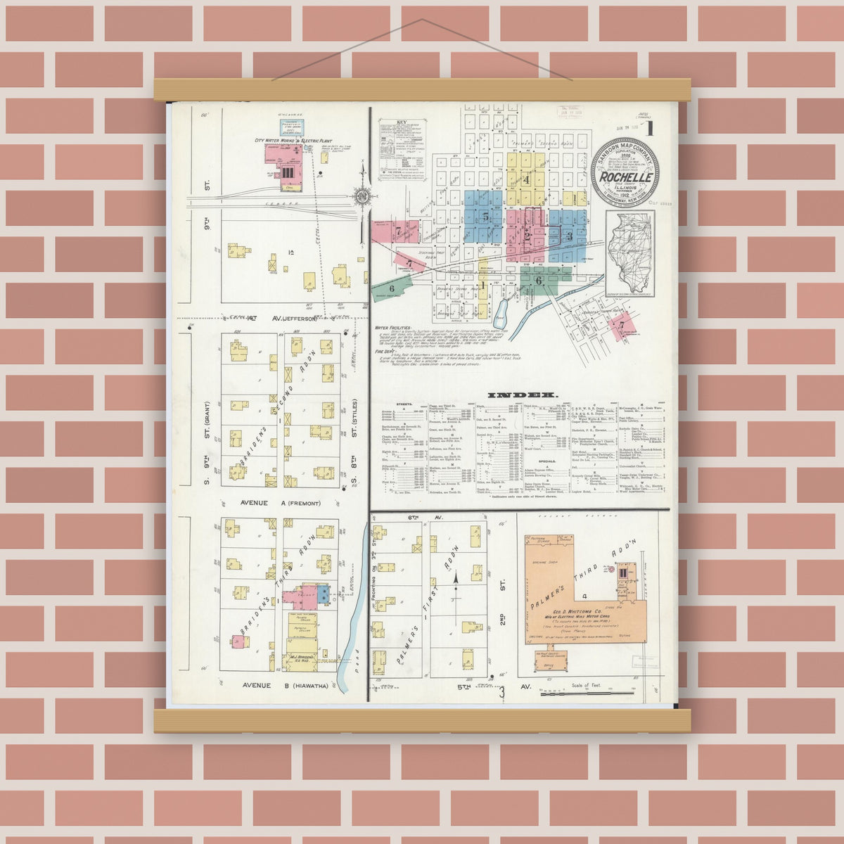 Old map wall art mockup — magnetic wood frame on brick wall — Sanborn Fire Insurance Map from Rochelle, Ogle County, Illinois (1912) - Complete Map Set