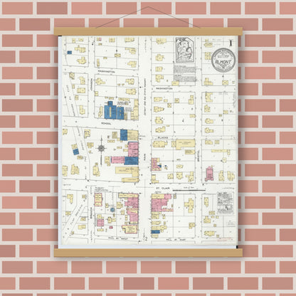 Old map wall art mockup — magnetic wood frame on brick wall — Sanborn Fire Insurance Map from Almont, Lapeer County, Michigan (1921), Sheet #0001
