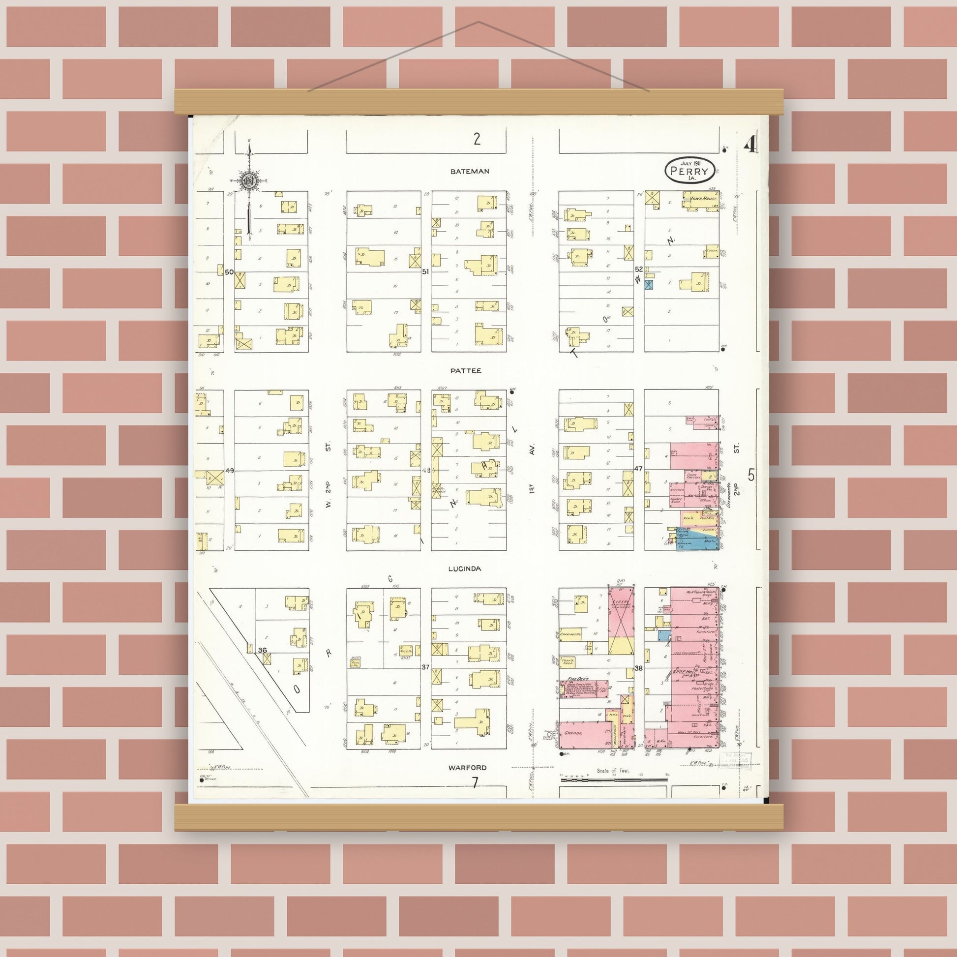 Old map wall art mockup — magnetic wood frame on brick wall — Sanborn Fire Insurance Map from Perry, Dallas County, Iowa (1911), Sheet #0004