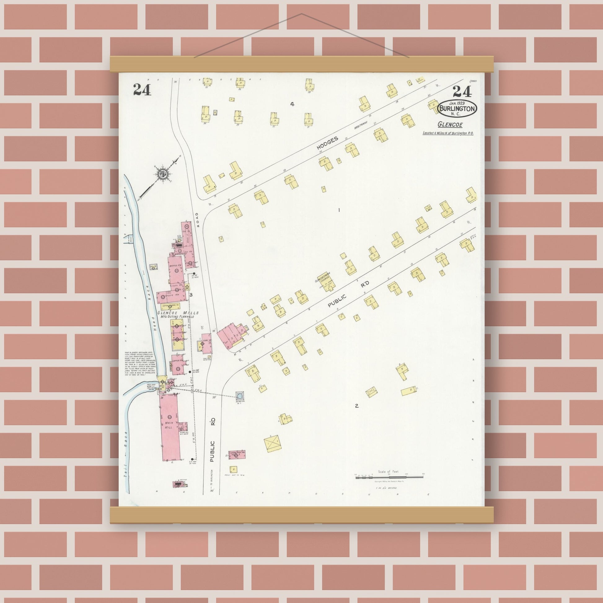 Old map wall art mockup — magnetic wood frame on brick wall — Sanborn Fire Insurance Map from Burlington, Alamance County, North Carolina (1929), Sheet #0024