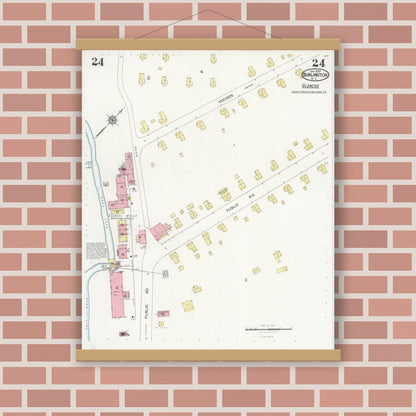 Old map wall art mockup — magnetic wood frame on brick wall — Sanborn Fire Insurance Map from Burlington, Alamance County, North Carolina (1929), Sheet #0024