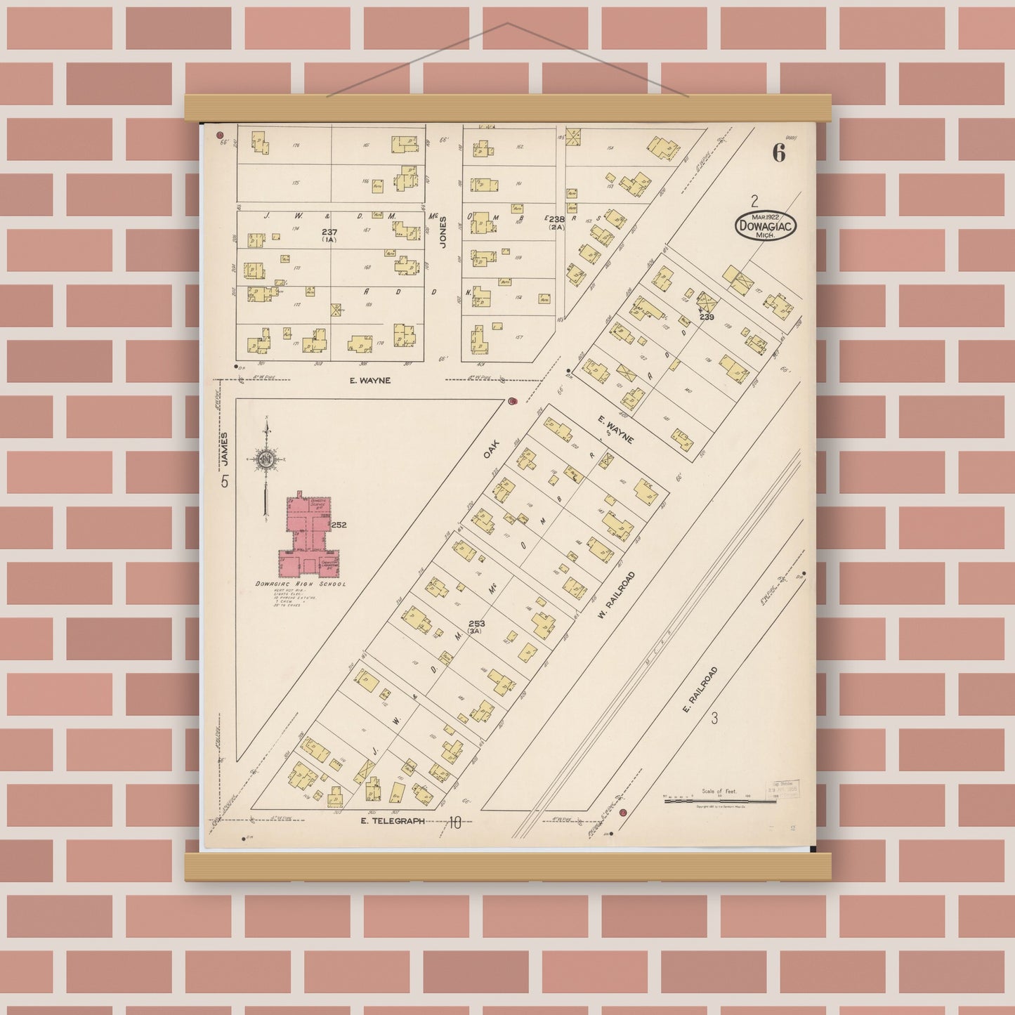 Old map wall art mockup — magnetic wood frame on brick wall — Sanborn Fire Insurance Map from Dowagiac, Cass County, Michigan (1922), Sheet #0006