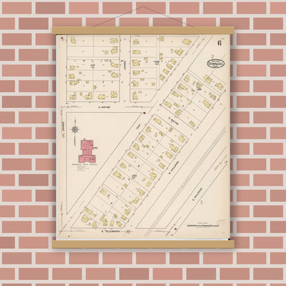 Old map wall art mockup — magnetic wood frame on brick wall — Sanborn Fire Insurance Map from Dowagiac, Cass County, Michigan (1922), Sheet #0006