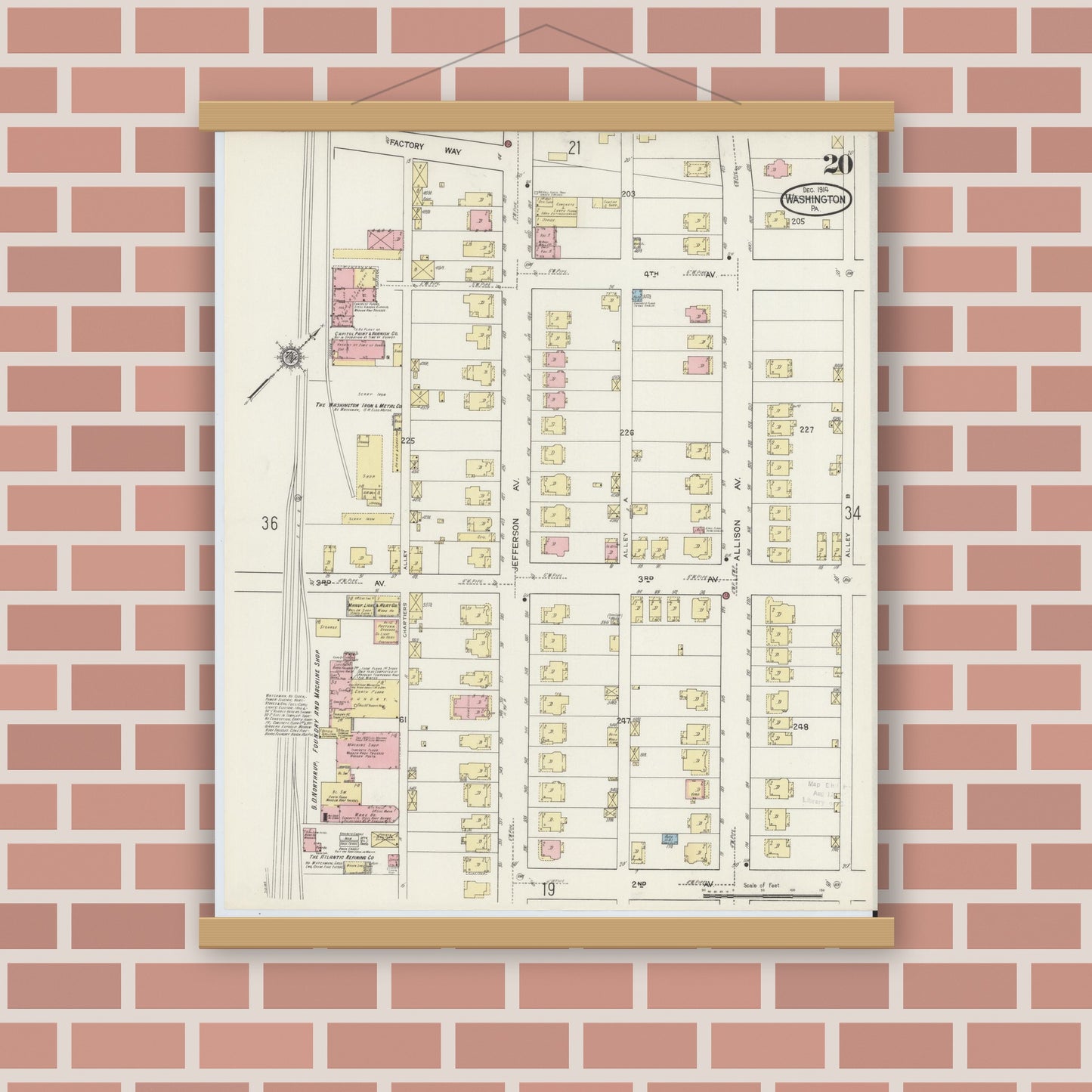 Old map wall art mockup — magnetic wood frame on brick wall — Sanborn Fire Insurance Map from Washington, Washington County, Pennsylvania (1914), Sheet #0020