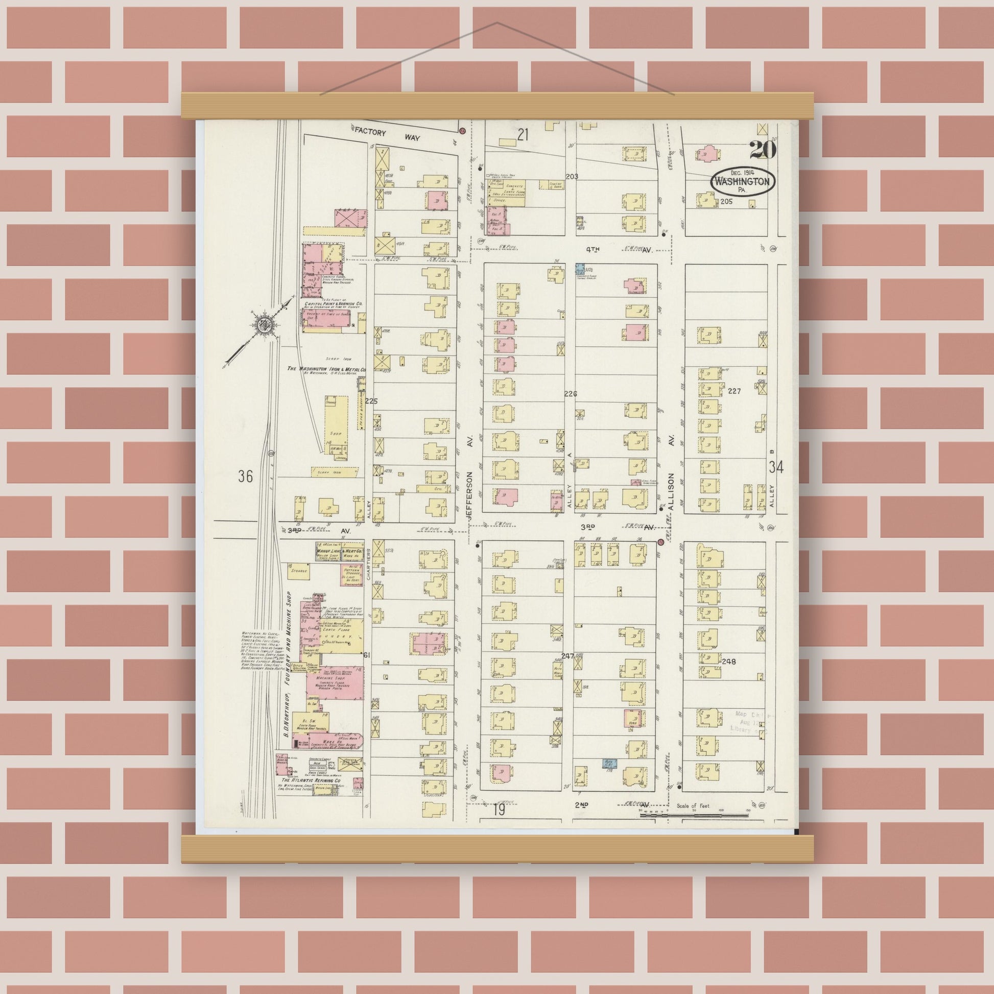 Old map wall art mockup — magnetic wood frame on brick wall — Sanborn Fire Insurance Map from Washington, Washington County, Pennsylvania (1914), Sheet #0020