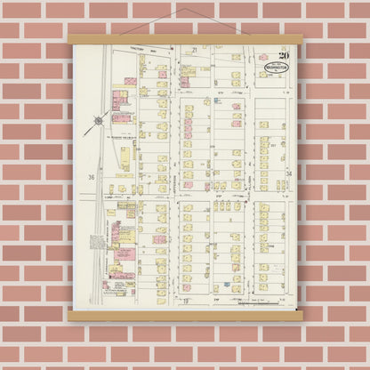 Old map wall art mockup — magnetic wood frame on brick wall — Sanborn Fire Insurance Map from Washington, Washington County, Pennsylvania (1914), Sheet #0020