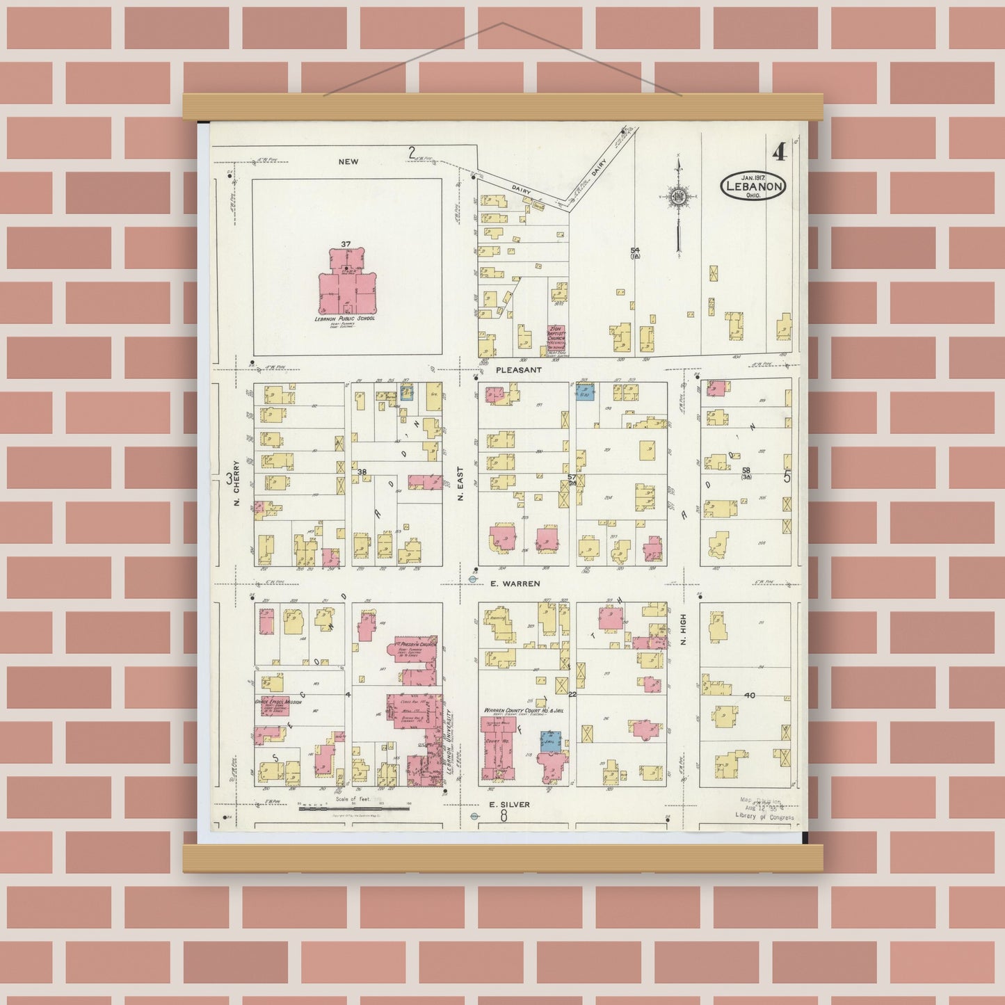 Old map wall art mockup — magnetic wood frame on brick wall — Sanborn Fire Insurance Map from Lebanon, Warren County, Ohio (1917), Sheet #0004