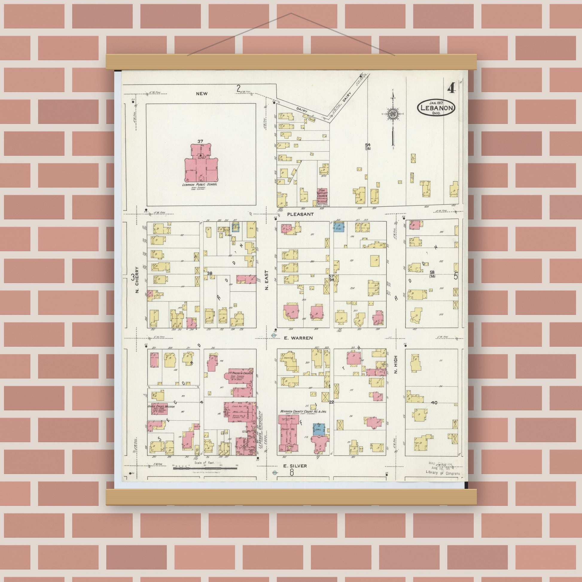 Old map wall art mockup — magnetic wood frame on brick wall — Sanborn Fire Insurance Map from Lebanon, Warren County, Ohio (1917), Sheet #0004