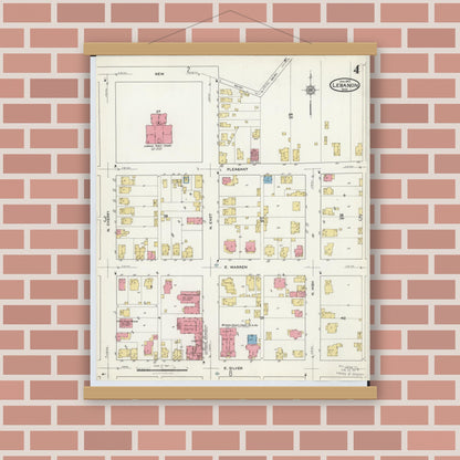 Old map wall art mockup — magnetic wood frame on brick wall — Sanborn Fire Insurance Map from Lebanon, Warren County, Ohio (1917), Sheet #0004