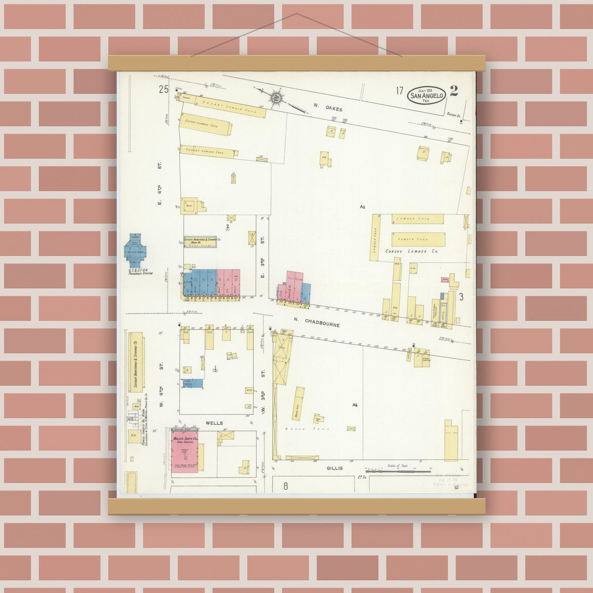 Old map wall art mockup — magnetic wood frame on brick wall — Sanborn Fire Insurance Map from San Angelo, Tom Green County, Texas (1913), Sheet #0002