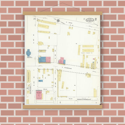 Old map wall art mockup — magnetic wood frame on brick wall — Sanborn Fire Insurance Map from San Angelo, Tom Green County, Texas (1913), Sheet #0002