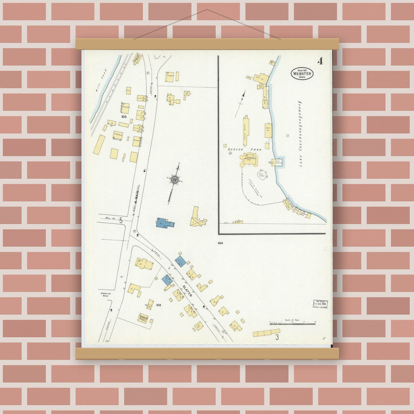 Old map wall art mockup — magnetic wood frame on brick wall — Sanborn Fire Insurance Map from Webster, Worcester County, Massachusetts (1911), Sheet #0004