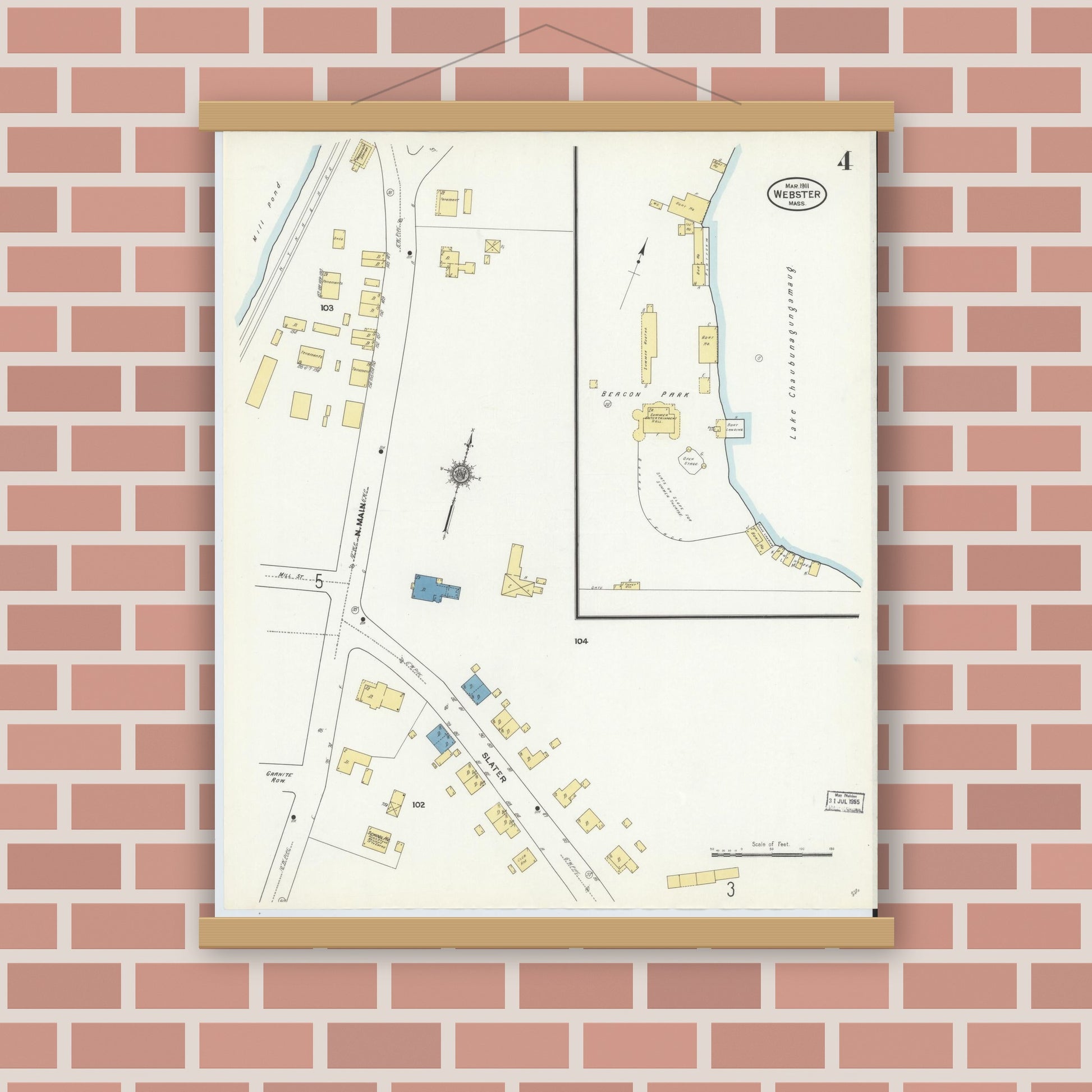 Old map wall art mockup — magnetic wood frame on brick wall — Sanborn Fire Insurance Map from Webster, Worcester County, Massachusetts (1911), Sheet #0004