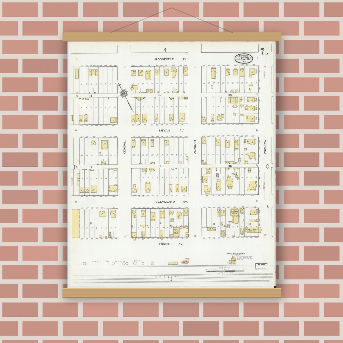 Old map wall art mockup — magnetic wood frame on brick wall — Sanborn Fire Insurance Map from Electra, Wichita County, Texas (1919), Sheet #0007