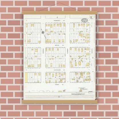 Old map wall art mockup — magnetic wood frame on brick wall — Sanborn Fire Insurance Map from Electra, Wichita County, Texas (1919), Sheet #0007