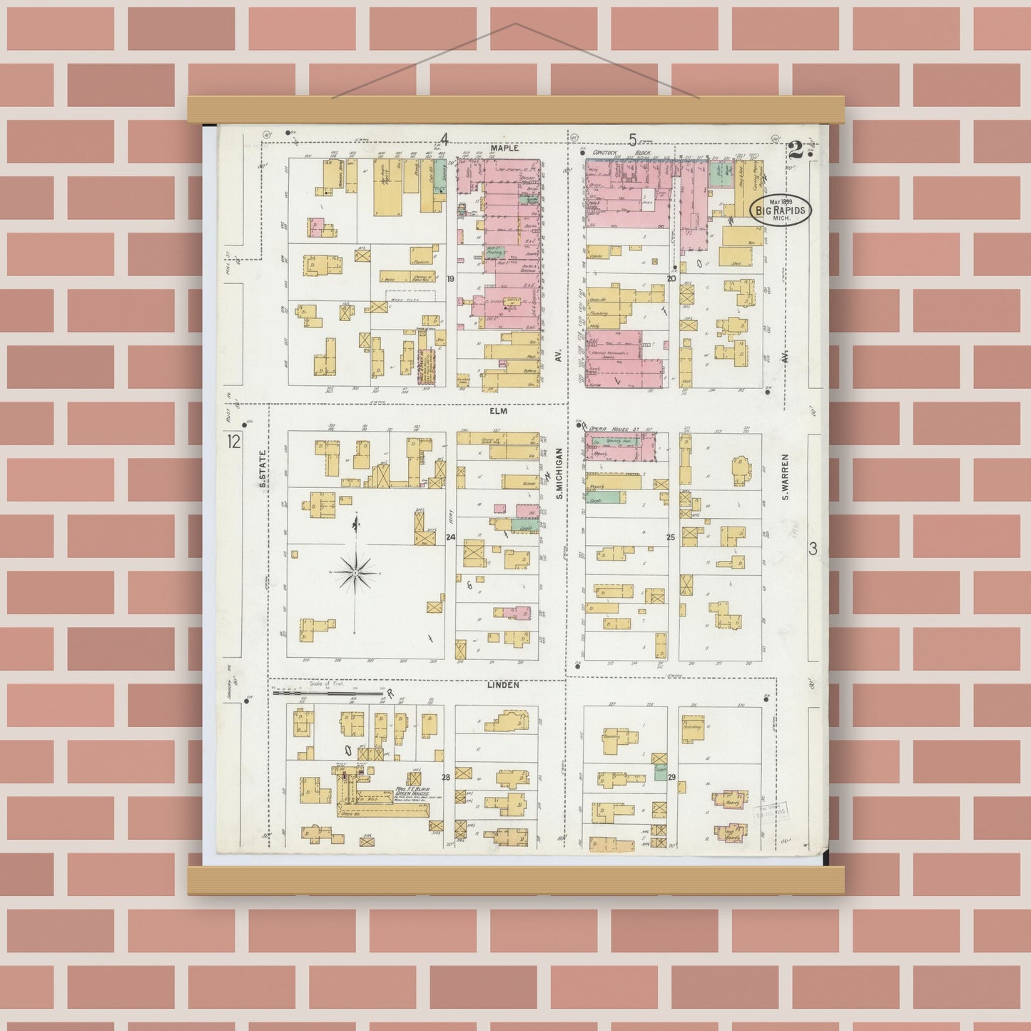 Old map wall art mockup — magnetic wood frame on brick wall — Sanborn Fire Insurance Map from Big Rapids, Mecosta County, Michigan (1899), Sheet #0002