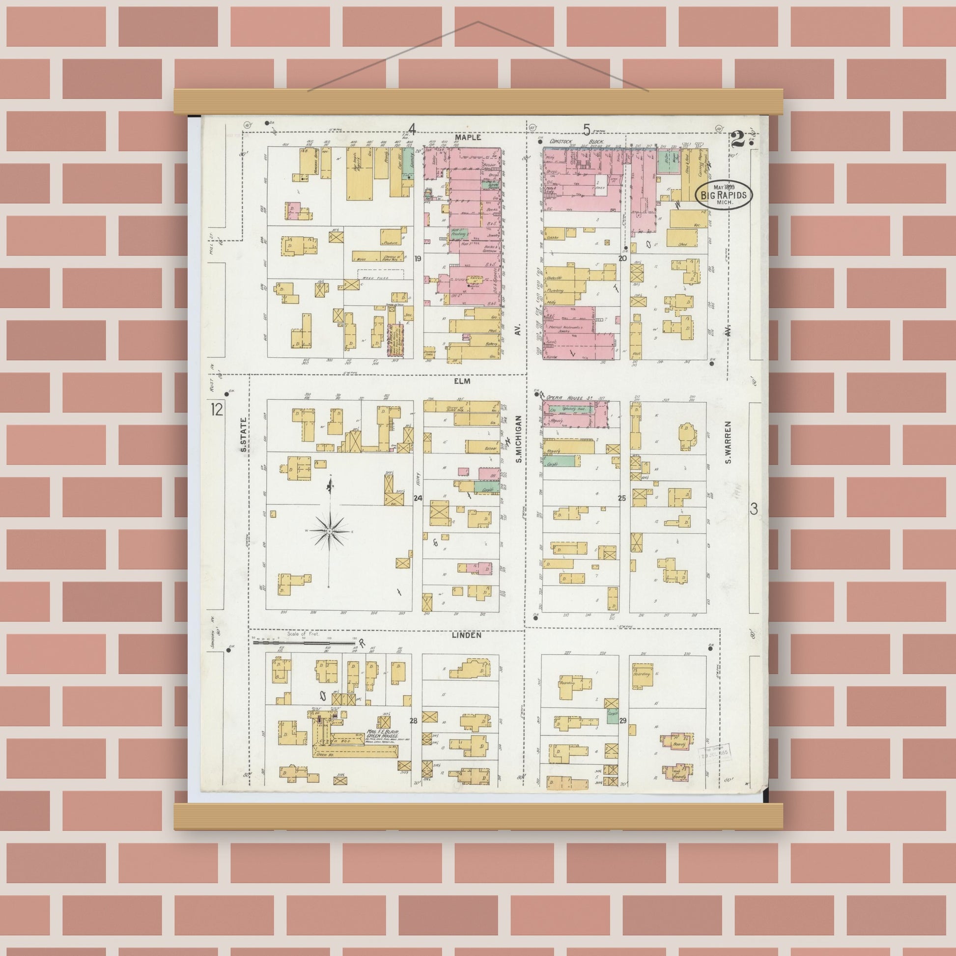 Old map wall art mockup — magnetic wood frame on brick wall — Sanborn Fire Insurance Map from Big Rapids, Mecosta County, Michigan (1899), Sheet #0002