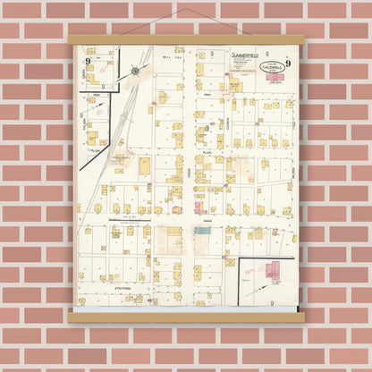 Old map wall art mockup — magnetic wood frame on brick wall — Sanborn Fire Insurance Map from Caldwell, Noble County, Ohio (1932), Sheet #0009