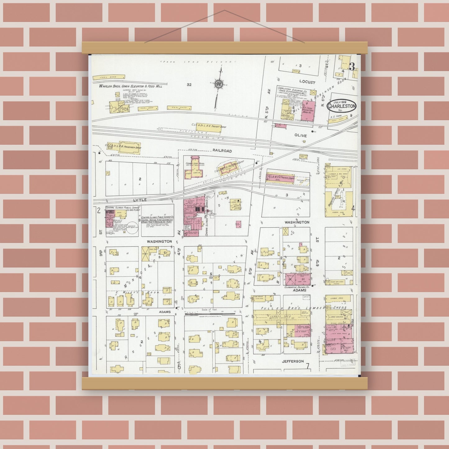Old map wall art mockup — magnetic wood frame on brick wall — Sanborn Fire Insurance Map from Charleston, Coles County, Illinois (1919), Sheet #0003
