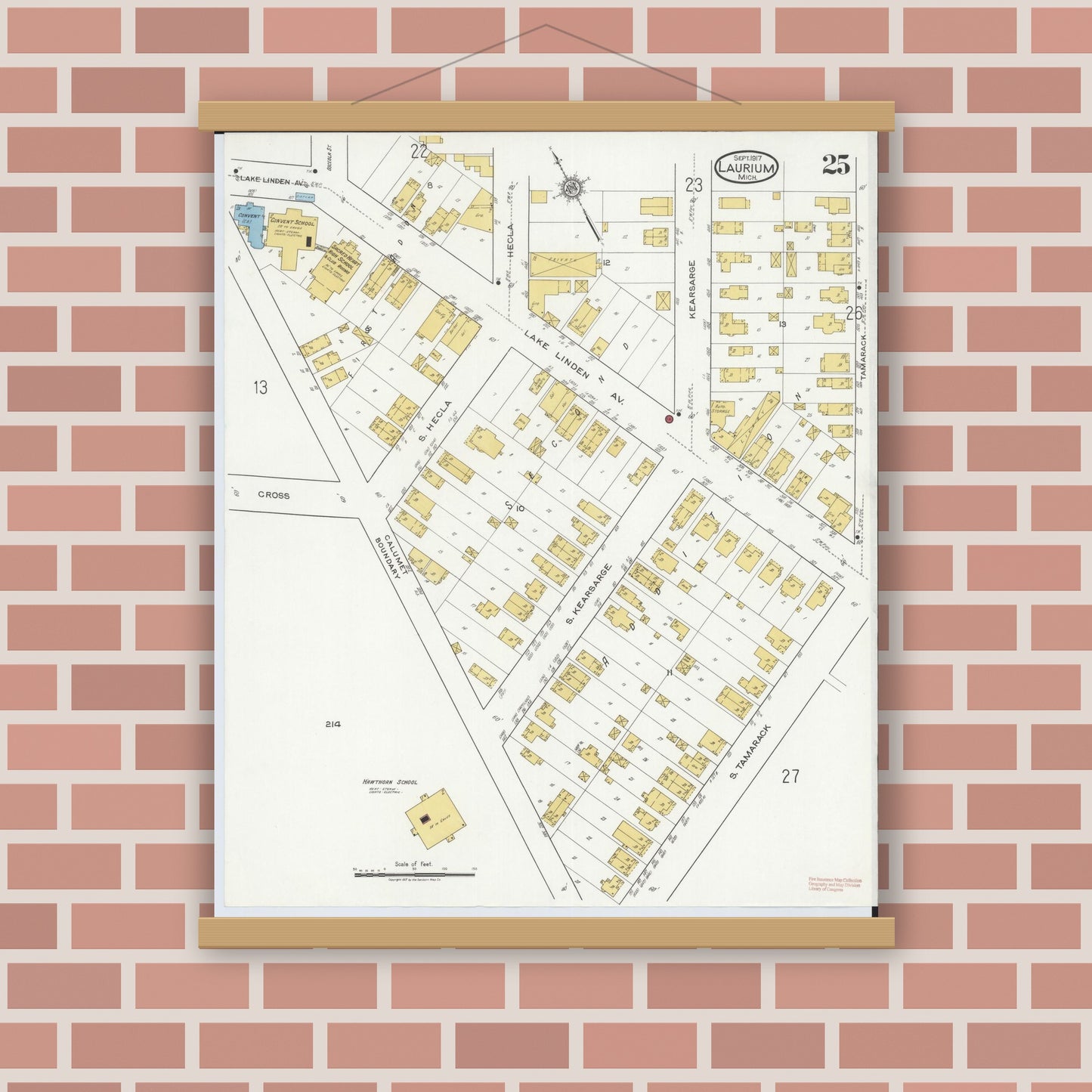 Old map wall art mockup — magnetic wood frame on brick wall — Sanborn Fire Insurance Map from Laurium, Houghton County, Michigan (1917), Sheet #0025