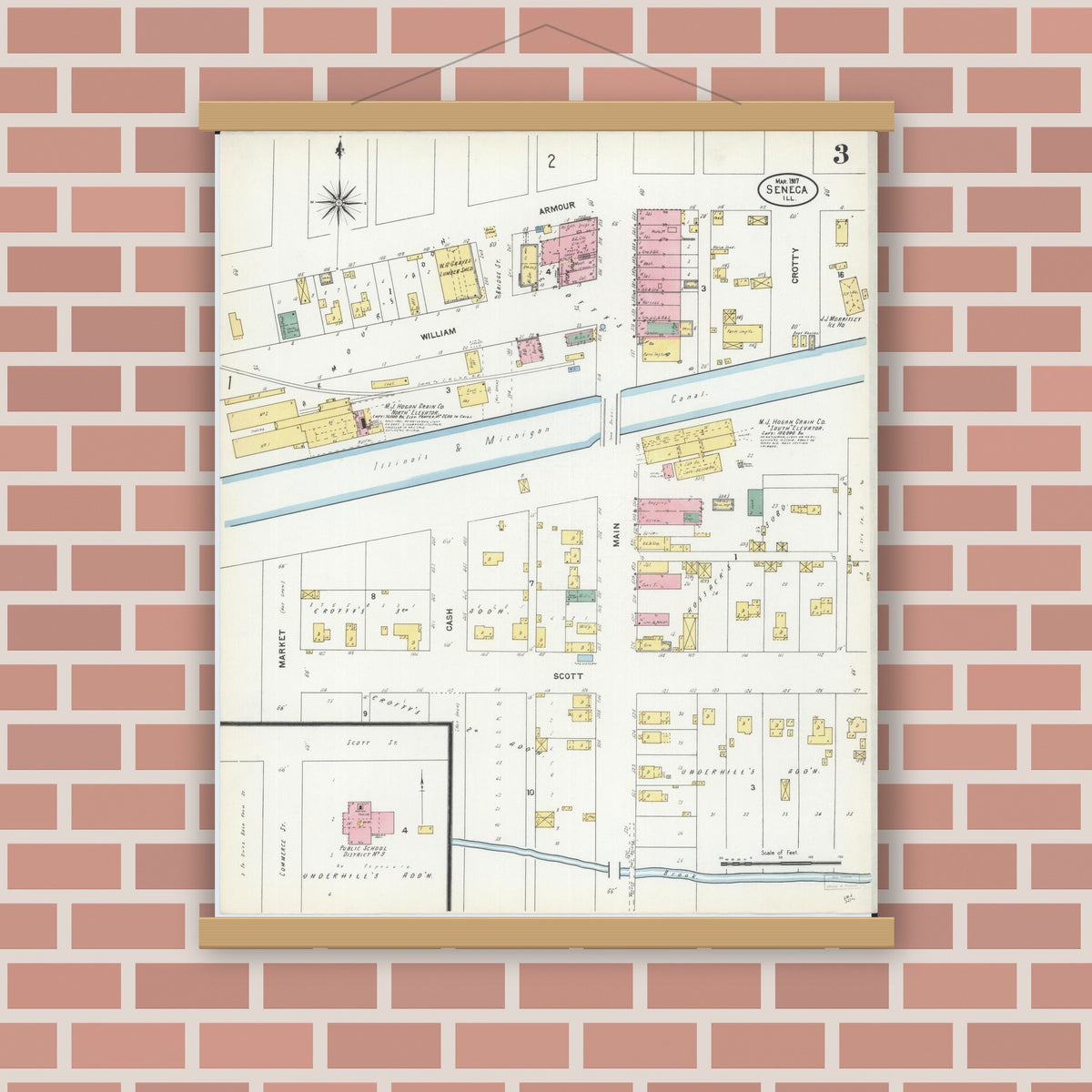 Old map wall art mockup — magnetic wood frame on brick wall — Sanborn Fire Insurance Map from Seneca, La Salle County, Illinois (1907), Sheet #0003