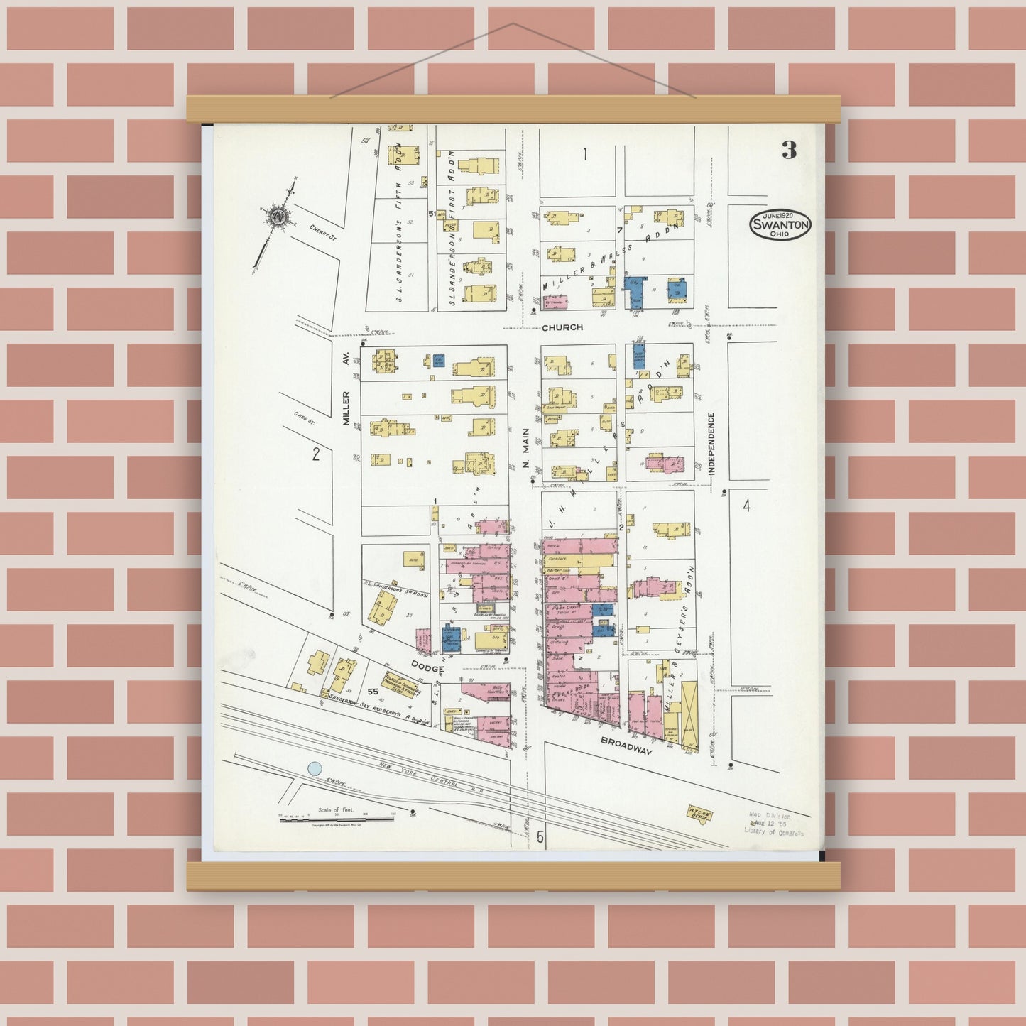 Old map wall art mockup — magnetic wood frame on brick wall — Sanborn Fire Insurance Map from Swanton, Fulton County, Ohio (1920), Sheet #0003