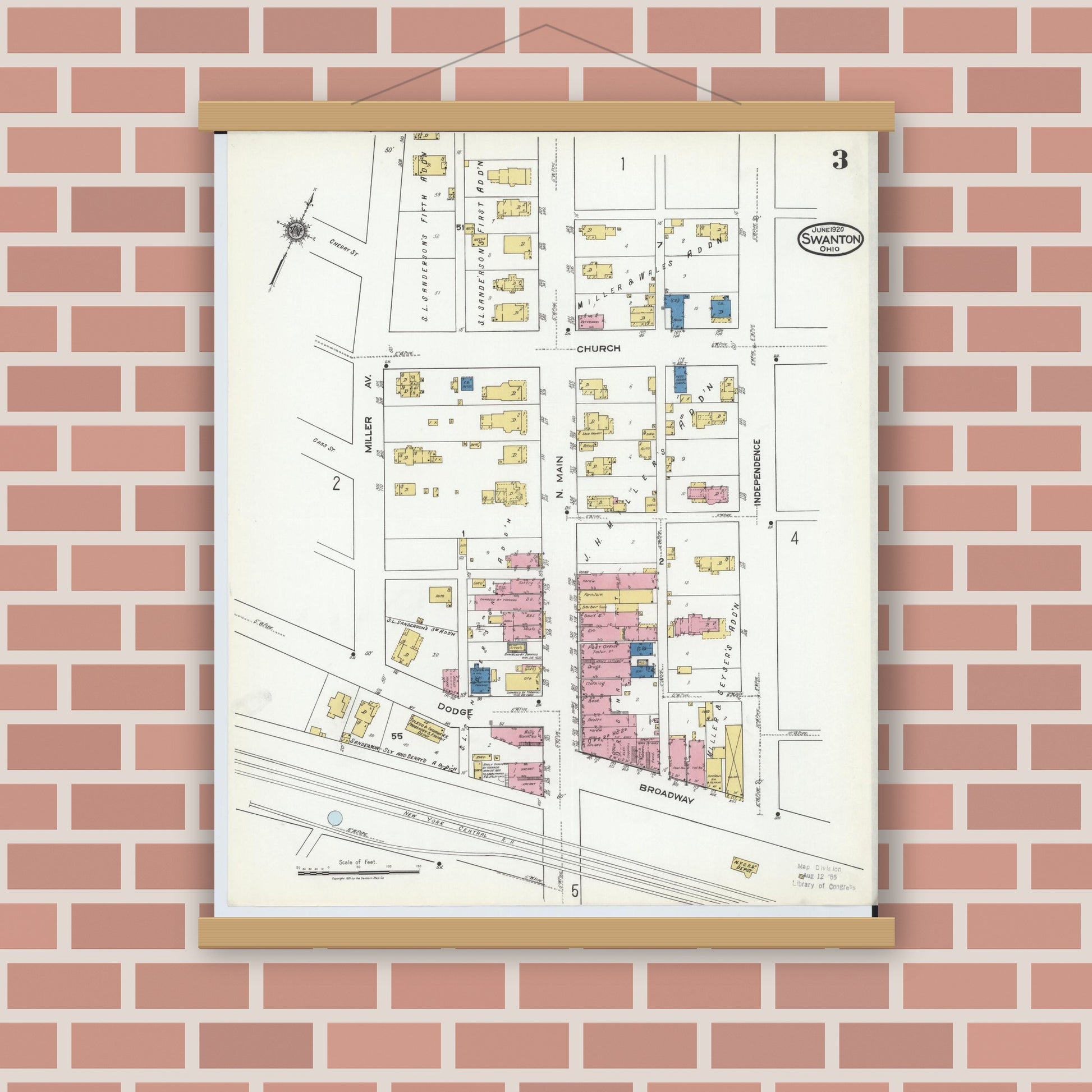 Old map wall art mockup — magnetic wood frame on brick wall — Sanborn Fire Insurance Map from Swanton, Fulton County, Ohio (1920), Sheet #0003