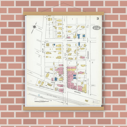Old map wall art mockup — magnetic wood frame on brick wall — Sanborn Fire Insurance Map from Swanton, Fulton County, Ohio (1920), Sheet #0003