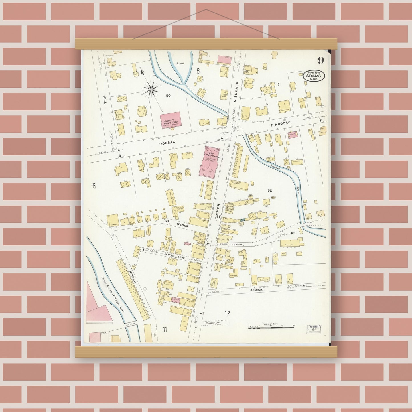 Old map wall art mockup — magnetic wood frame on brick wall — Sanborn Fire Insurance Map from Adams, Berkshire County, Massachusetts (1908), Sheet #0009