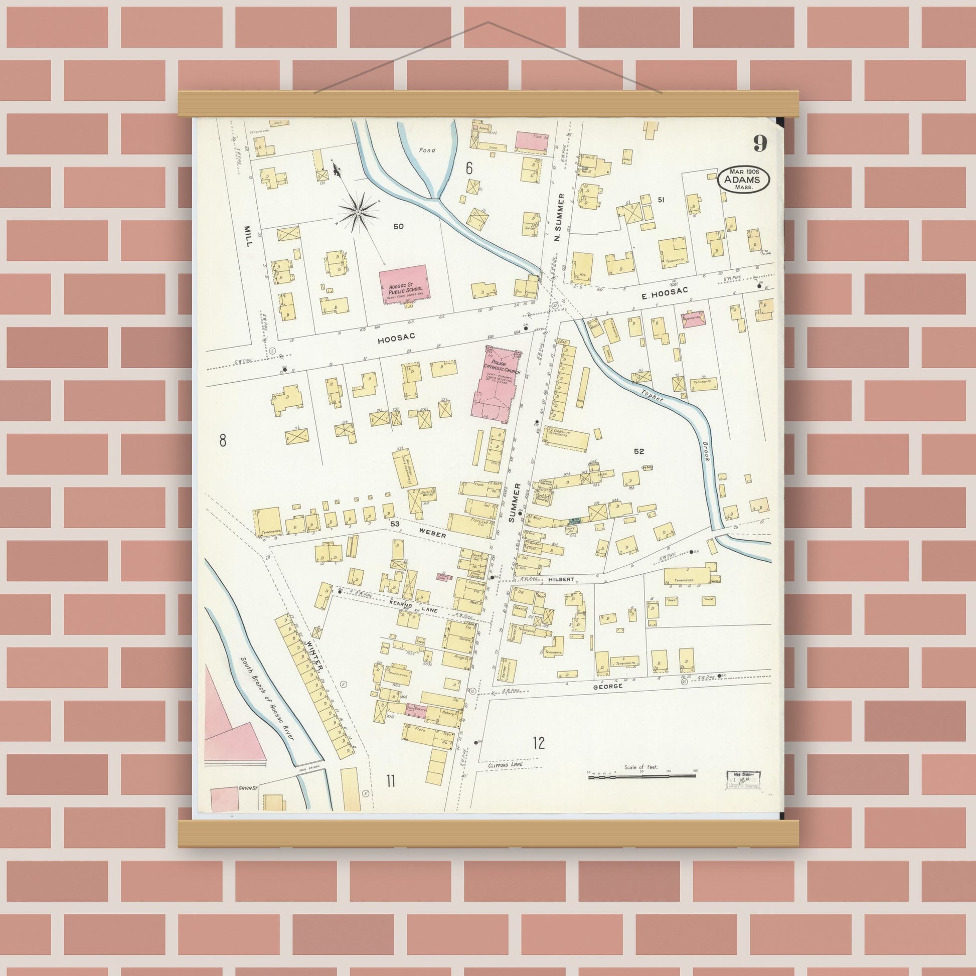 Old map wall art mockup — magnetic wood frame on brick wall — Sanborn Fire Insurance Map from Adams, Berkshire County, Massachusetts (1908), Sheet #0009