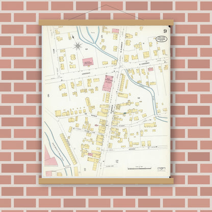Old map wall art mockup — magnetic wood frame on brick wall — Sanborn Fire Insurance Map from Adams, Berkshire County, Massachusetts (1908), Sheet #0009