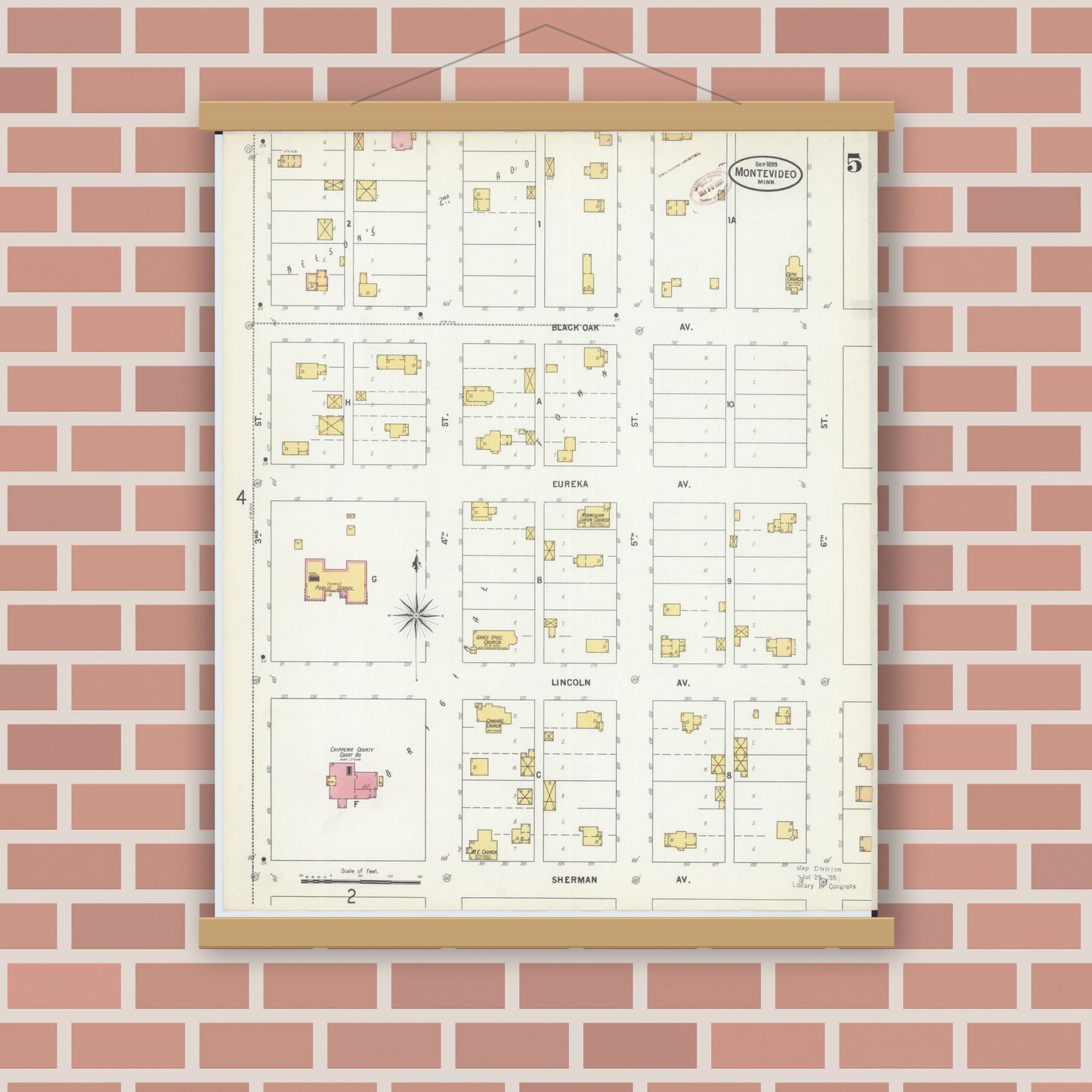 Old map wall art mockup — magnetic wood frame on brick wall — Sanborn Fire Insurance Map from Montevideo, Chippewa County, Minnesota (1899), Sheet #0005