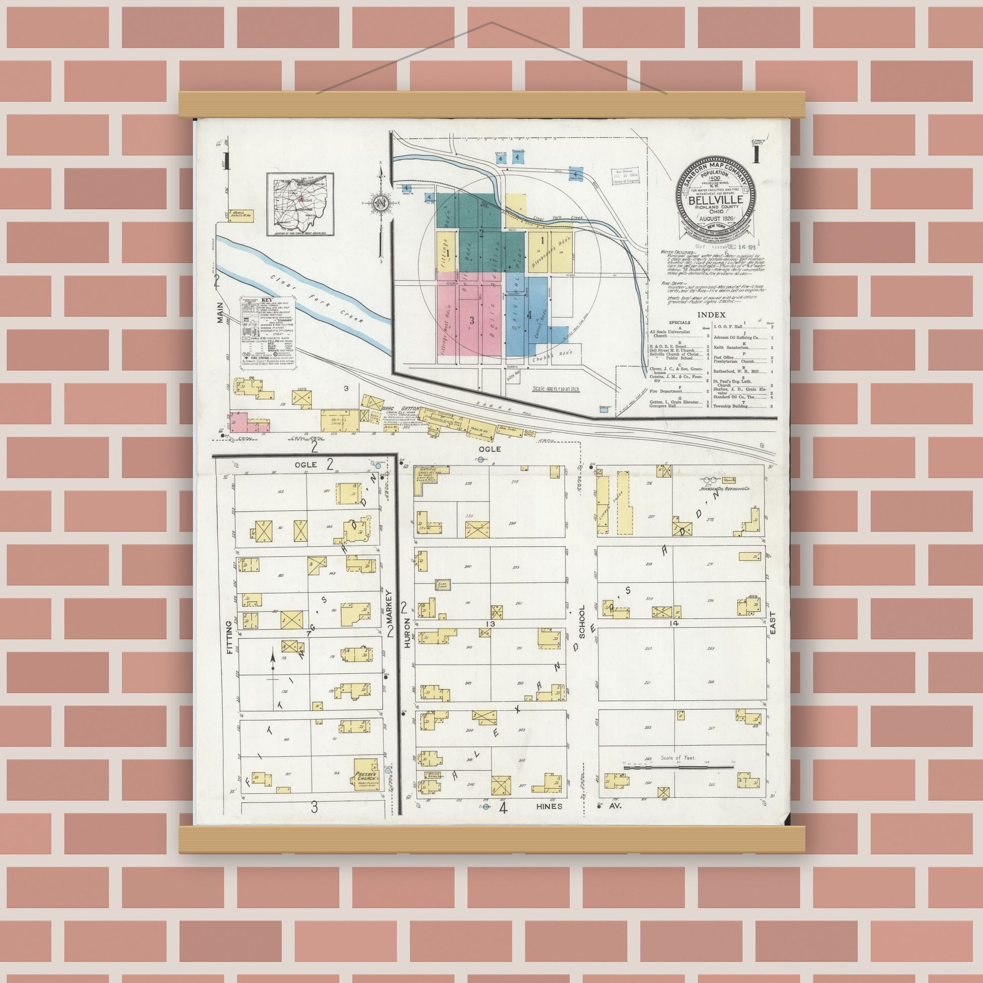 Old map wall art mockup — magnetic wood frame on brick wall — Sanborn Fire Insurance Map from Bellville, Richland County, Ohio (1926) - Complete Map Set