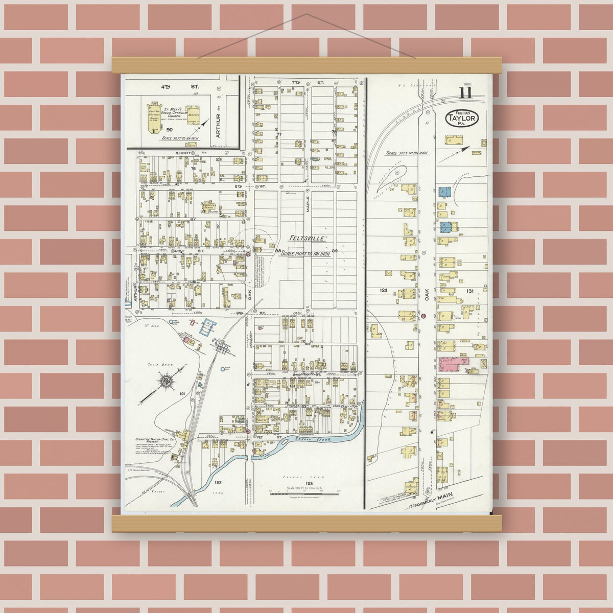 Old map wall art mockup — magnetic wood frame on brick wall — Sanborn Fire Insurance Map from Taylor, Lackawanna County, Pennsylvania (1921), Sheet #0011