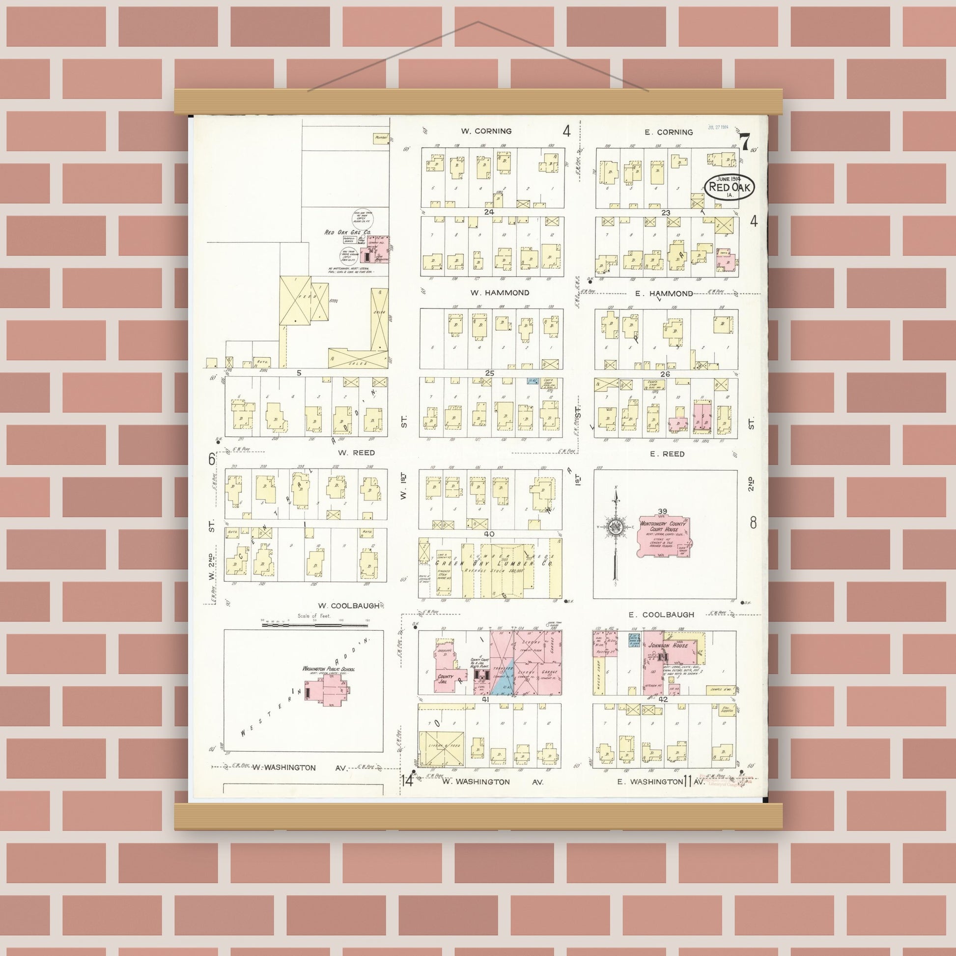 Old map wall art mockup — magnetic wood frame on brick wall — Sanborn Fire Insurance Map from Red Oak, Montgomery County, Iowa (1914), Sheet #0007