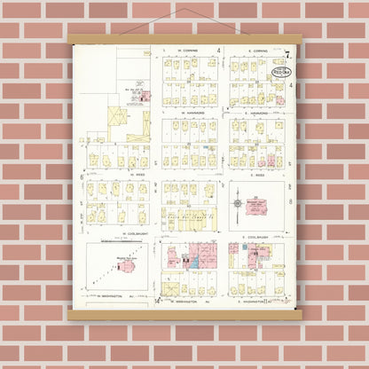 Old map wall art mockup — magnetic wood frame on brick wall — Sanborn Fire Insurance Map from Red Oak, Montgomery County, Iowa (1914), Sheet #0007