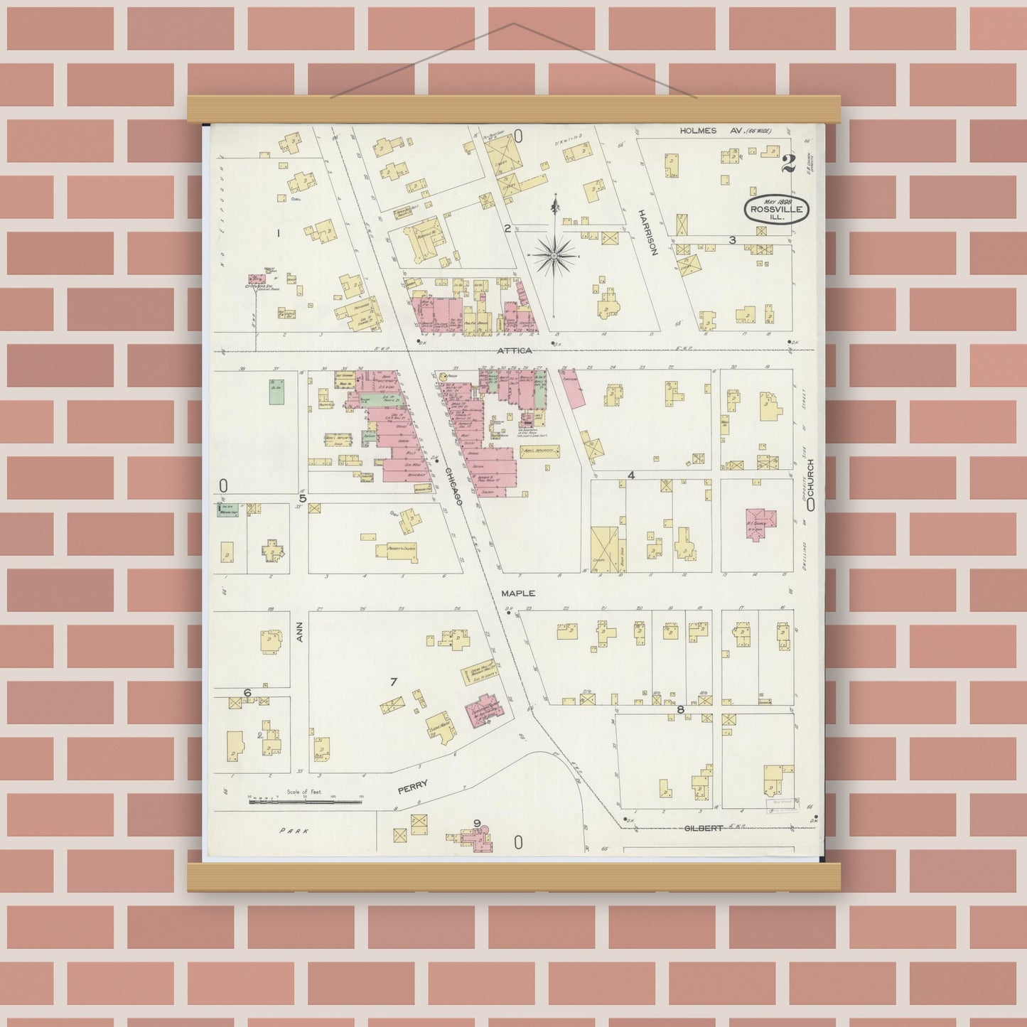 Old map wall art mockup — magnetic wood frame on brick wall — Sanborn Fire Insurance Map from Rossville, Vermilion County, Illinois (1898), Sheet #0002