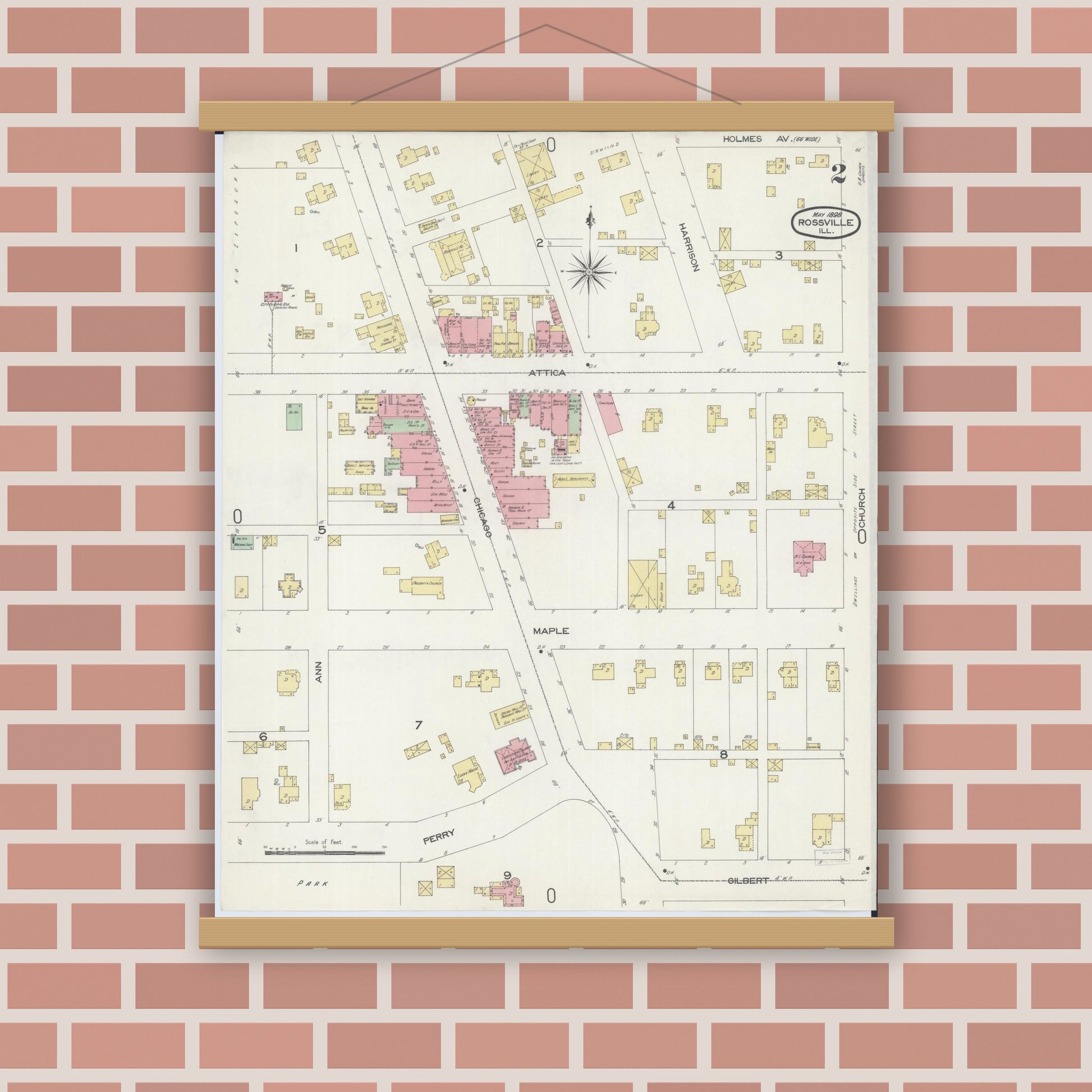 Old map wall art mockup — magnetic wood frame on brick wall — Sanborn Fire Insurance Map from Rossville, Vermilion County, Illinois (1898), Sheet #0002