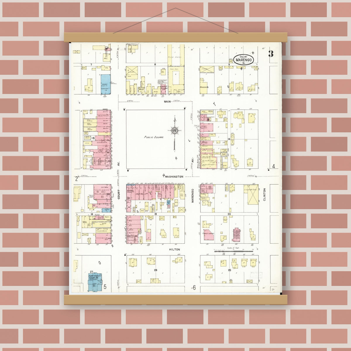 Old map wall art mockup — magnetic wood frame on brick wall — Sanborn Fire Insurance Map from Marengo, Iowa County, Iowa (1911), Sheet #0003