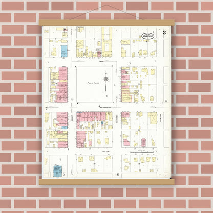 Old map wall art mockup — magnetic wood frame on brick wall — Sanborn Fire Insurance Map from Marengo, Iowa County, Iowa (1911), Sheet #0003