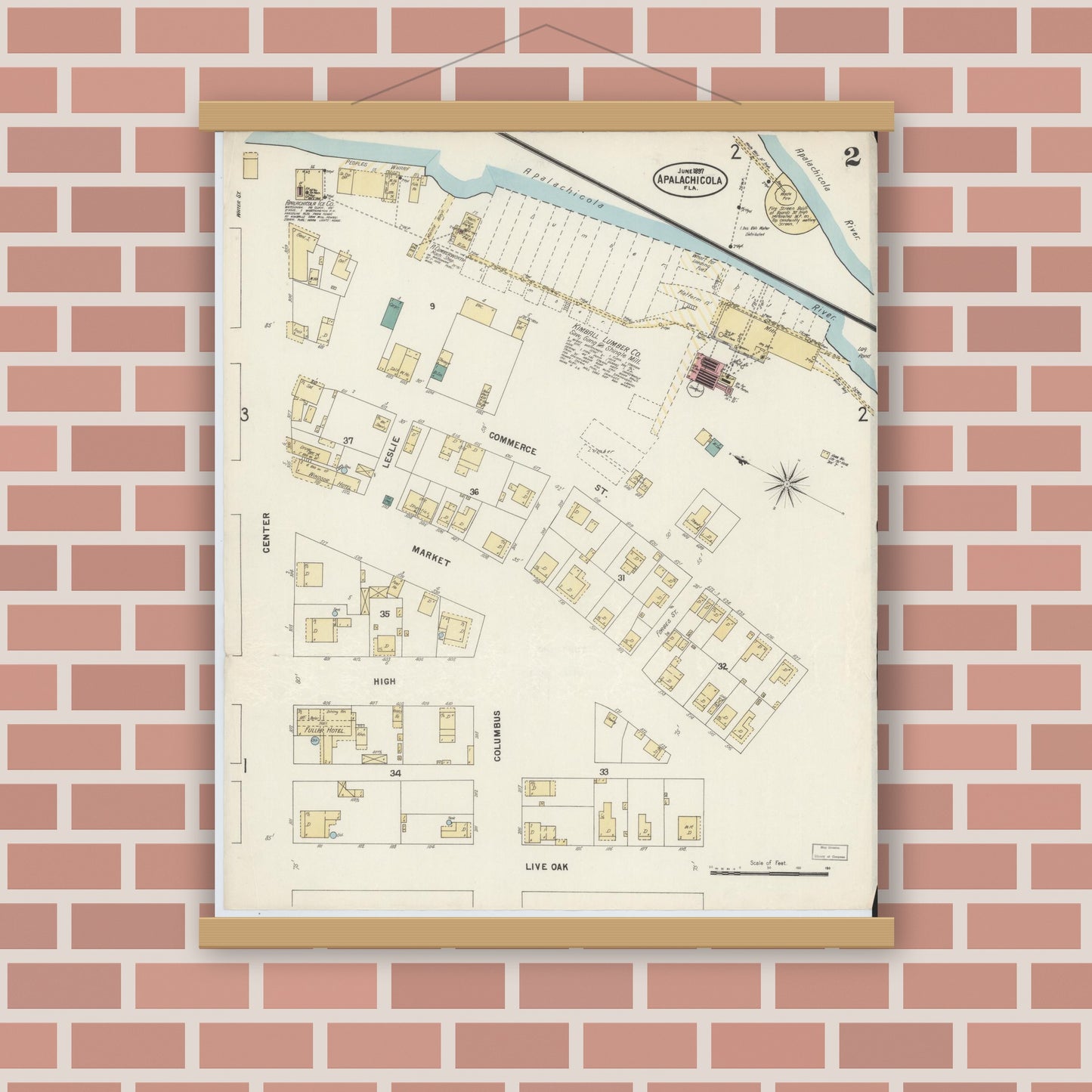 Old map wall art mockup — magnetic wood frame on brick wall — Sanborn Fire Insurance Map from Apalachicola, Franklin County, Florida (1897), Sheet #0002