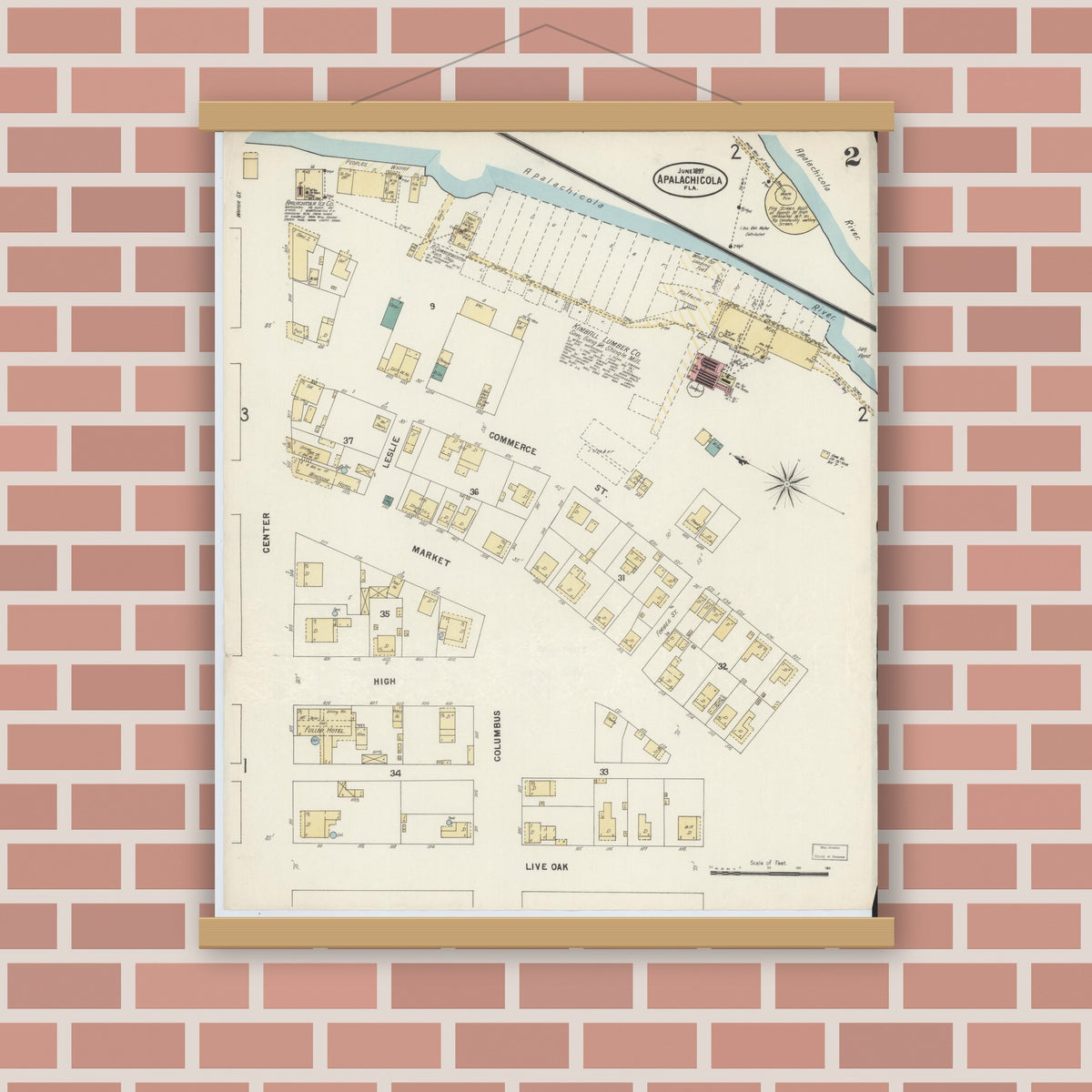 Old map wall art mockup — magnetic wood frame on brick wall — Sanborn Fire Insurance Map from Apalachicola, Franklin County, Florida (1897), Sheet #0002