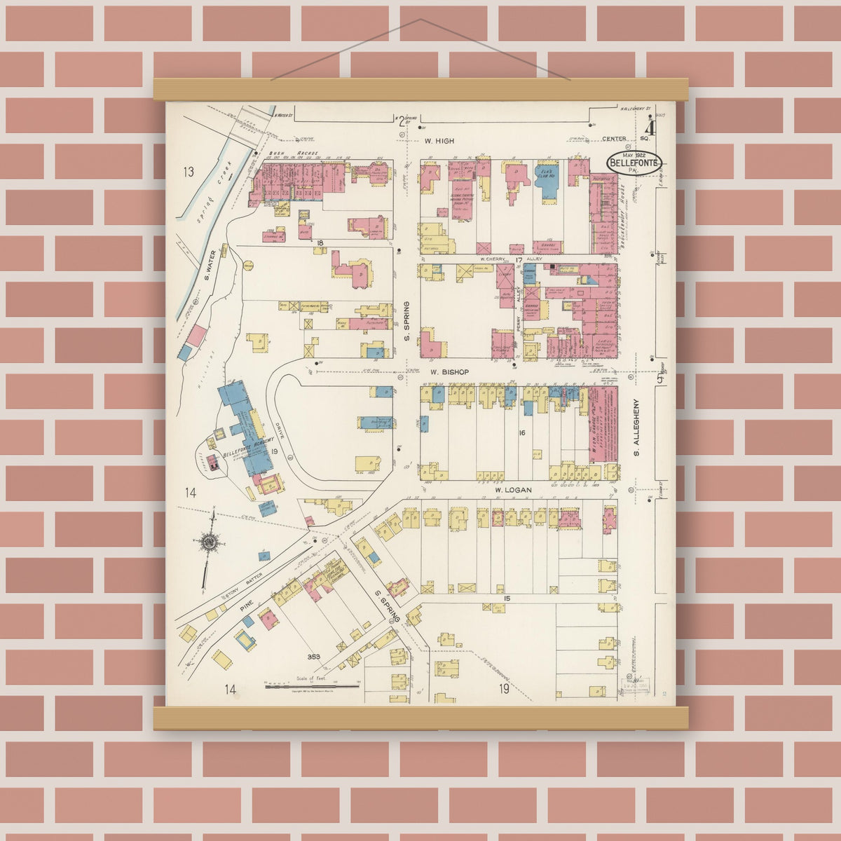 Old map wall art mockup — magnetic wood frame on brick wall — Sanborn Fire Insurance Map from Bellefonte, Centre County, Pennsylvania (1922), Sheet #0004