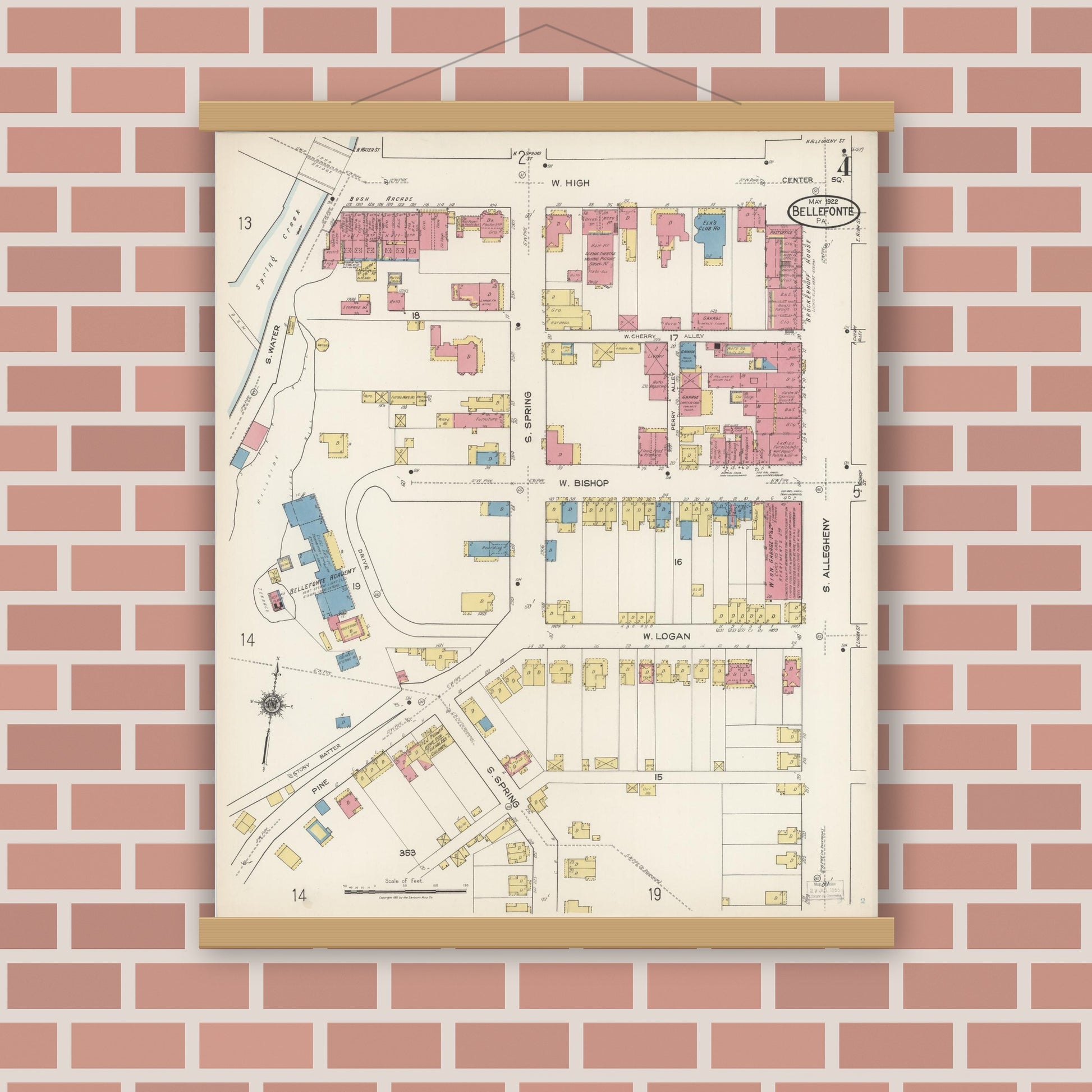 Old map wall art mockup — magnetic wood frame on brick wall — Sanborn Fire Insurance Map from Bellefonte, Centre County, Pennsylvania (1922), Sheet #0004