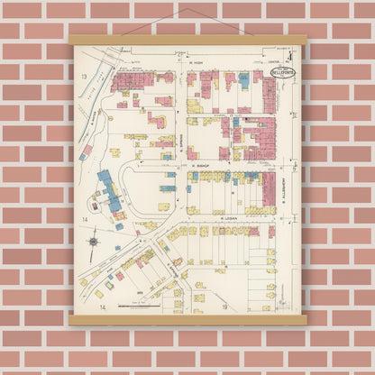 Old map wall art mockup — magnetic wood frame on brick wall — Sanborn Fire Insurance Map from Bellefonte, Centre County, Pennsylvania (1922), Sheet #0004