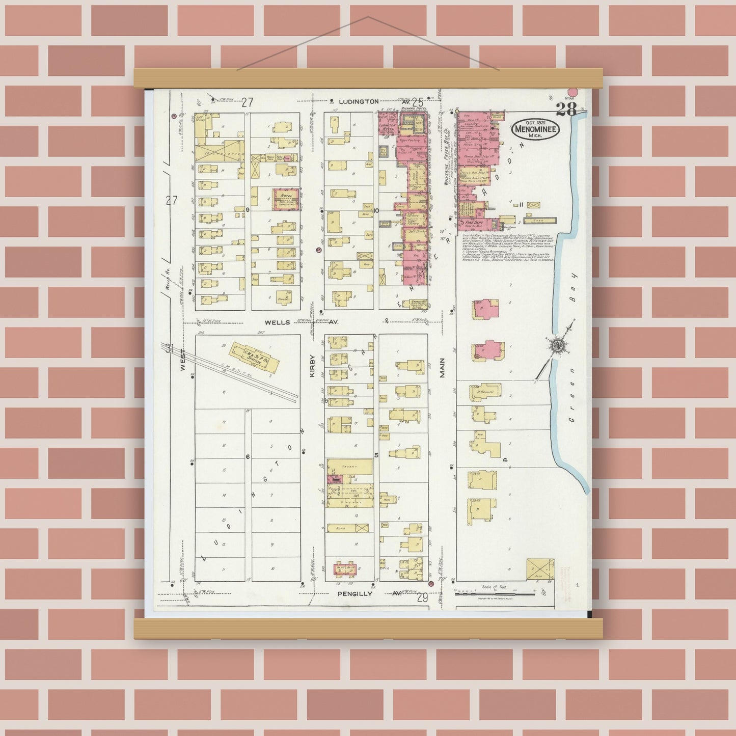 Old map wall art mockup — magnetic wood frame on brick wall — Sanborn Fire Insurance Map from Menominee, Menominee County, Michigan (1921), Sheet #0028