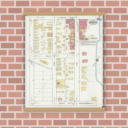 Old map wall art mockup — magnetic wood frame on brick wall — Sanborn Fire Insurance Map from Menominee, Menominee County, Michigan (1921), Sheet #0028